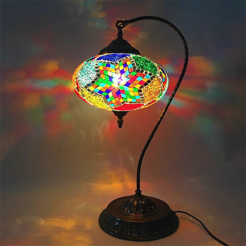 Decorative Oblong Night Light Single Head Stained Art Glass Table Lamp with Curved Arm in Yellow/Blue/Green Clearhalo 'Lamps' 'Table Lamps' Lighting' 920833