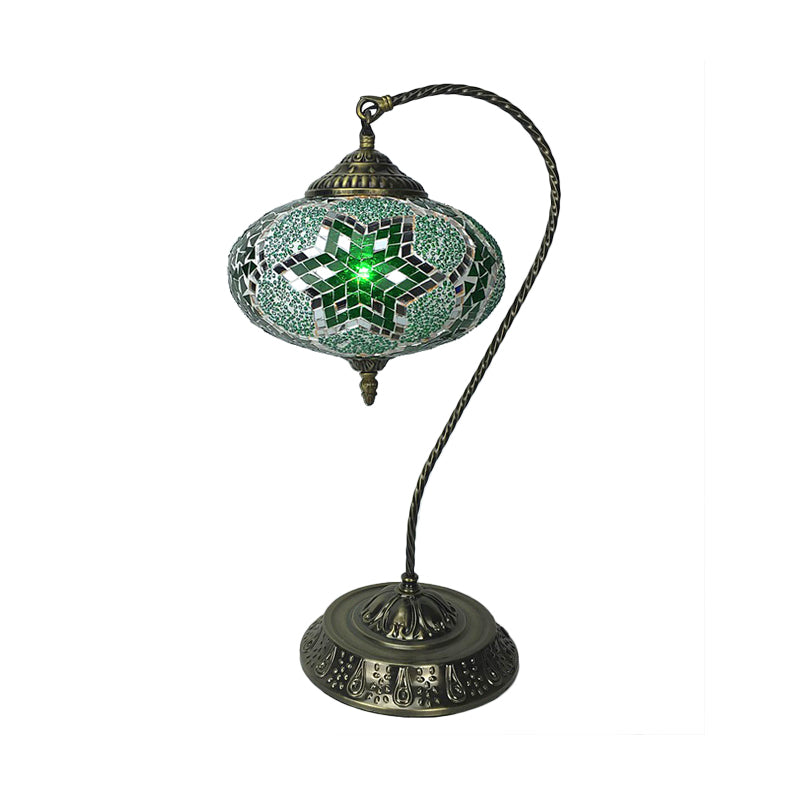 Decorative Oblong Night Light Single Head Stained Art Glass Table Lamp with Curved Arm in Yellow/Blue/Green Green Clearhalo 'Lamps' 'Table Lamps' Lighting' 920838