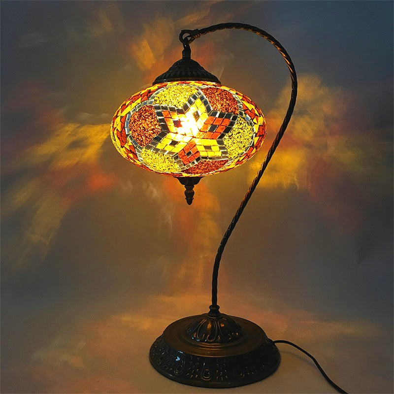 Decorative Oblong Night Light Single Head Stained Art Glass Table Lamp with Curved Arm in Yellow/Blue/Green Clearhalo 'Lamps' 'Table Lamps' Lighting' 920841