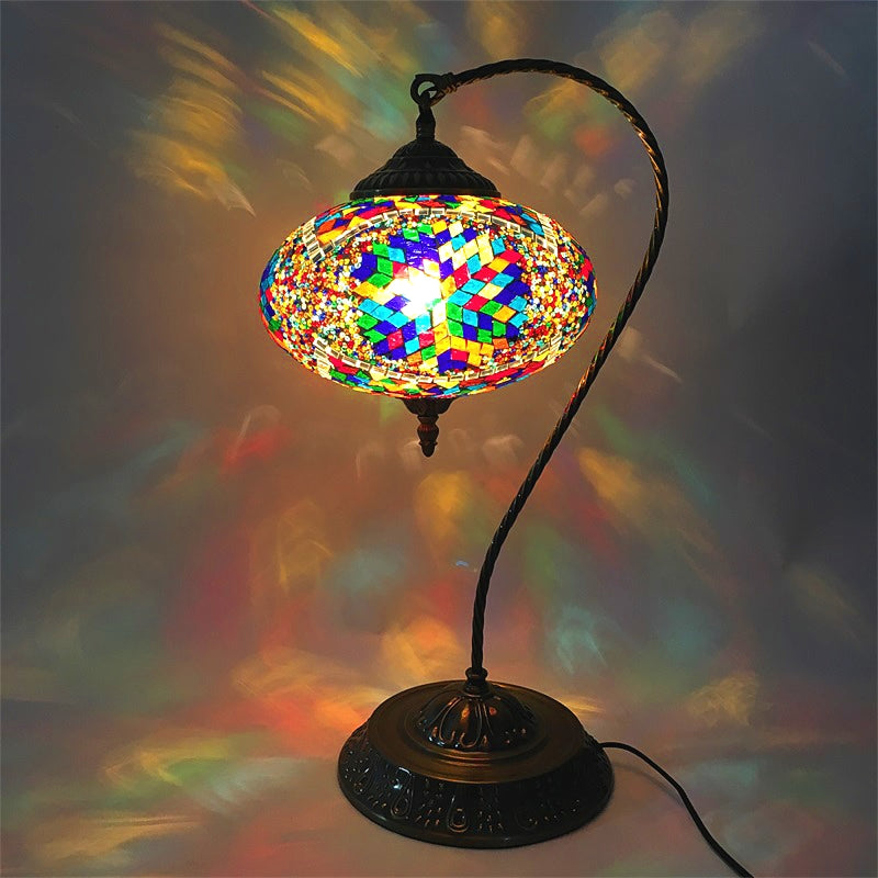 Decorative Oblong Night Light Single Head Stained Art Glass Table Lamp with Curved Arm in Yellow/Blue/Green Clearhalo 'Lamps' 'Table Lamps' Lighting' 920845