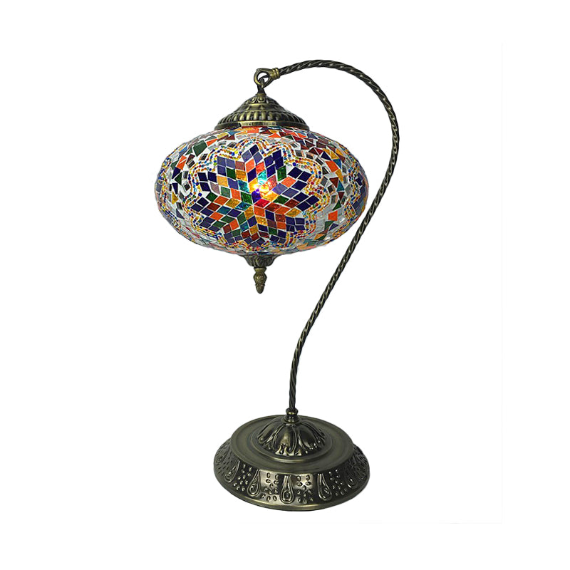 Decorative Oblong Night Light Single Head Stained Art Glass Table Lamp with Curved Arm in Yellow/Blue/Green Dark Blue Clearhalo 'Lamps' 'Table Lamps' Lighting' 920846