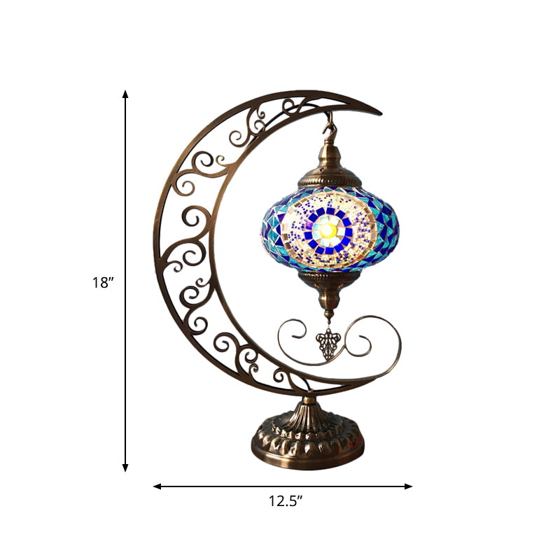 Blue Oval Table Light Decorative Stained Glass 1 Bulb Bedroom Night Lamp with Moon Shape Arm Clearhalo 'Lamps' 'Table Lamps' Lighting' 920928