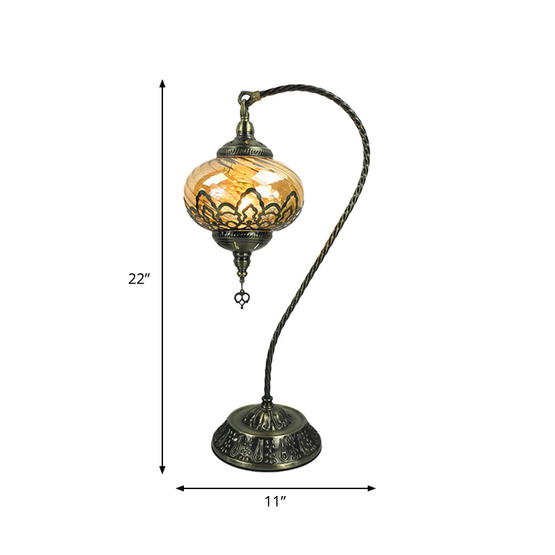 Brass/Gloss Black 1 Head Table Lamp Bohemia Amber Glass Oval/Urn Nightstand Lighting with Curved Arm Clearhalo 'Lamps' 'Table Lamps' Lighting' 920938