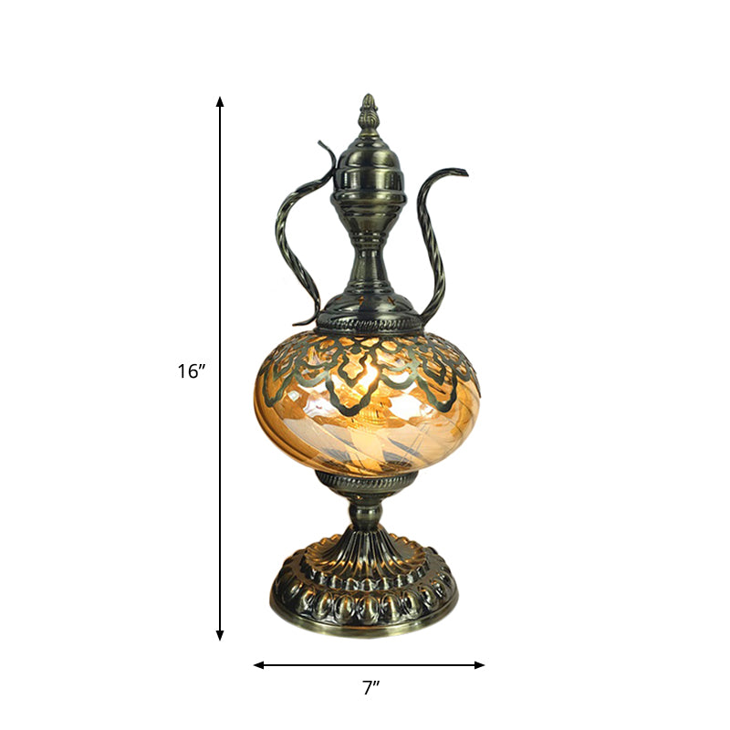 Amber Glass Brass Table Lighting Teapot/Oval 1 Bulb Bohemia Nightstand Light for Bedroom, 14"/16" Tall Clearhalo 'Lamps' 'Table Lamps' Lighting' 920956