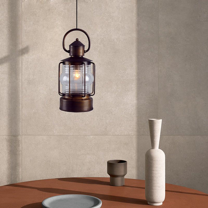 Bronze Lantern Suspension Light Arabian Clear Glass Single Bulb Restaurant Ceiling Lamp Clearhalo 'Ceiling Lights' 'Pendant Lights' 'Pendants' Lighting' 921035