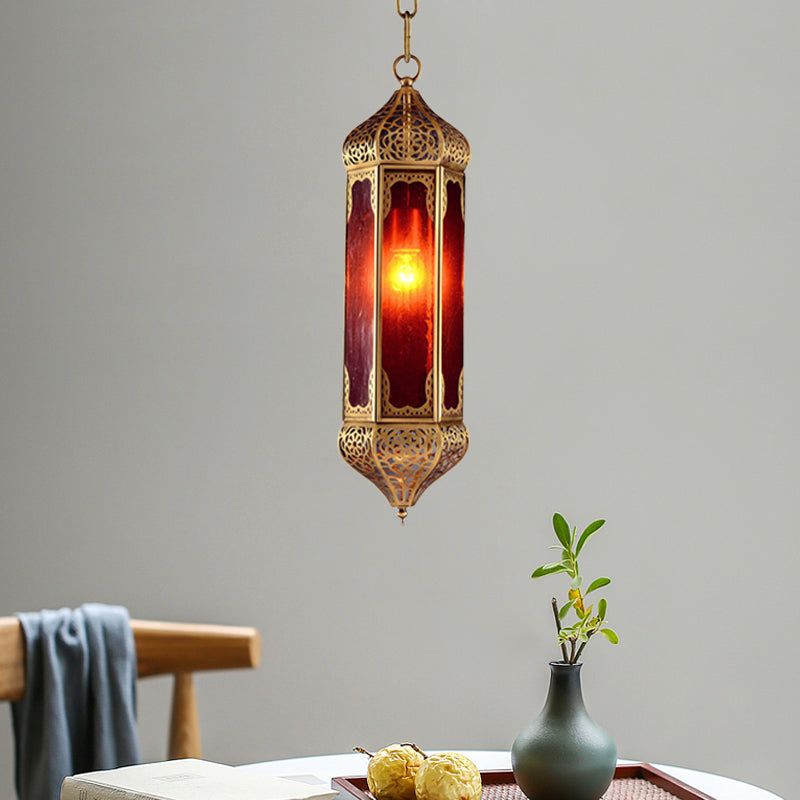 Arabian Lantern Hanging Lamp 1-Bulb Red Glass Suspension Light in Brass with Cutout Design Clearhalo 'Ceiling Lights' 'Pendant Lights' 'Pendants' Lighting' 921053