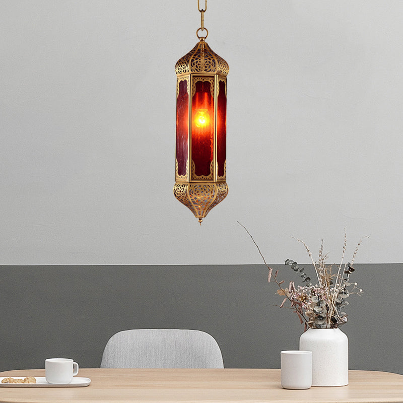 Arabian Lantern Hanging Lamp 1-Bulb Red Glass Suspension Light in Brass with Cutout Design Clearhalo 'Ceiling Lights' 'Pendant Lights' 'Pendants' Lighting' 921054