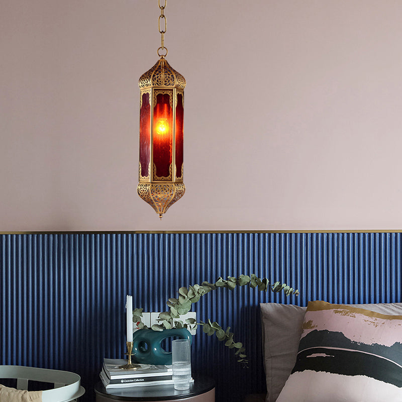 Arabian Lantern Hanging Lamp 1-Bulb Red Glass Suspension Light in Brass with Cutout Design Clearhalo 'Ceiling Lights' 'Pendant Lights' 'Pendants' Lighting' 921055