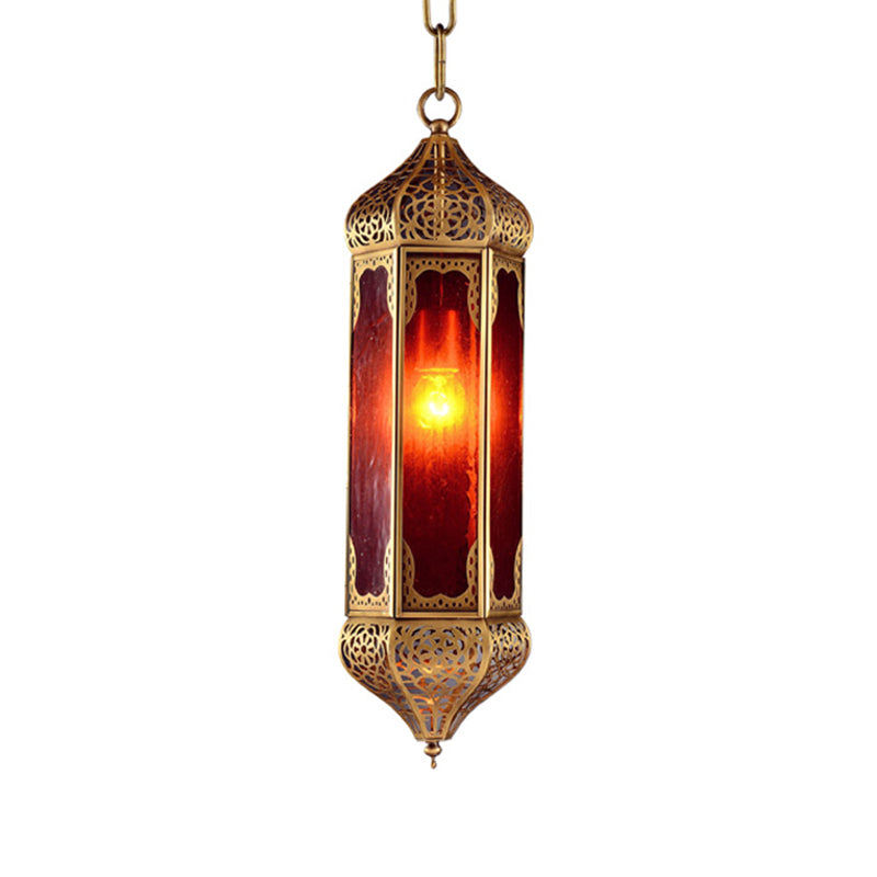 Arabian Lantern Hanging Lamp 1-Bulb Red Glass Suspension Light in Brass with Cutout Design Clearhalo 'Ceiling Lights' 'Pendant Lights' 'Pendants' Lighting' 921056