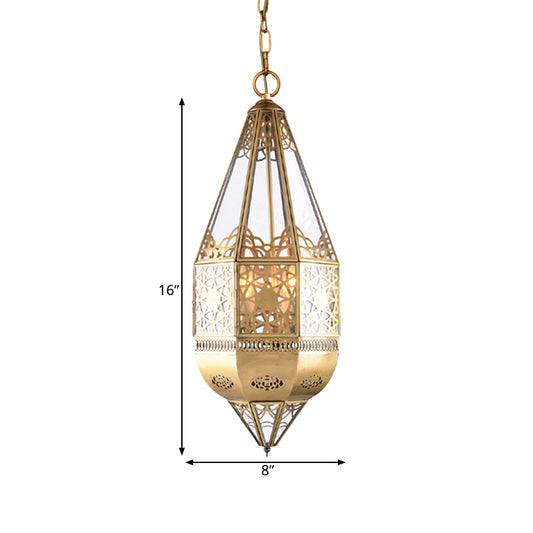 1 Head Clear Glass Pendant Lamp Arabian Brass Lantern Restaurant Ceiling Light with Hollow Pattern Clearhalo 'Ceiling Lights' 'Pendant Lights' 'Pendants' Lighting' 921067