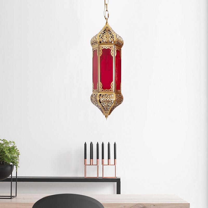 Arab Lantern Hanging Light 1 Bulb Red Glass Pendant Lighting Fixture with Hollow Pattern Clearhalo 'Ceiling Lights' 'Pendant Lights' 'Pendants' Lighting' 921093