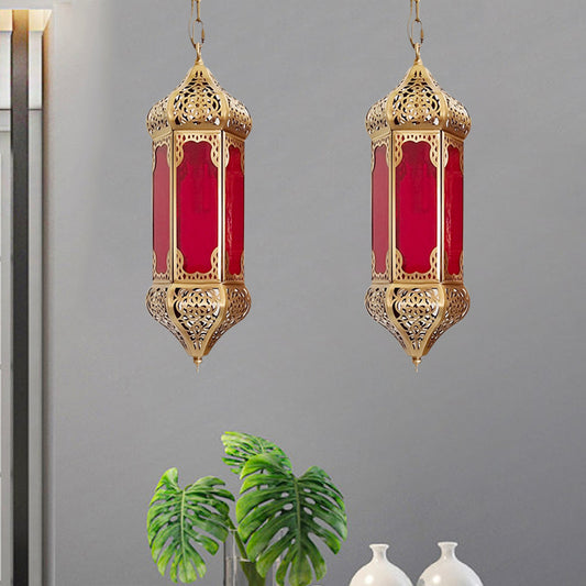 Arab Lantern Hanging Light 1 Bulb Red Glass Pendant Lighting Fixture with Hollow Pattern Clearhalo 'Ceiling Lights' 'Pendant Lights' 'Pendants' Lighting' 921094