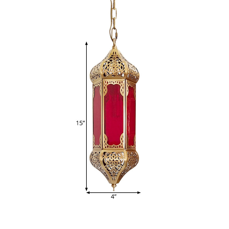 Arab Lantern Hanging Light 1 Bulb Red Glass Pendant Lighting Fixture with Hollow Pattern Clearhalo 'Ceiling Lights' 'Pendant Lights' 'Pendants' Lighting' 921097