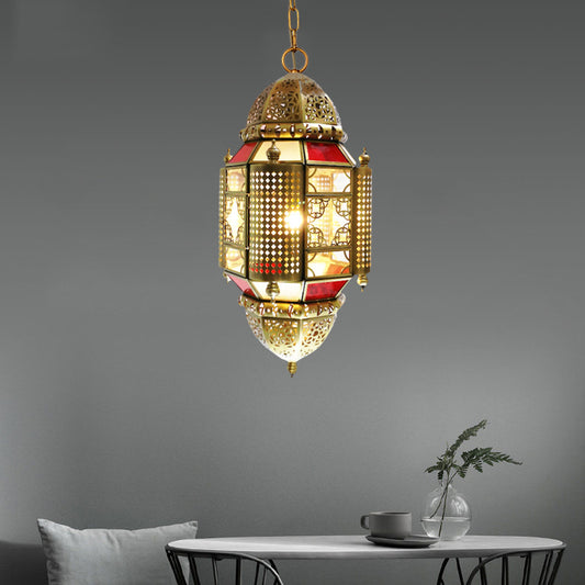 1 Light Hanging Lamp Arabian Lantern Metal Suspension Lighting with Cutout Design in Brass Clearhalo 'Ceiling Lights' 'Pendant Lights' 'Pendants' Lighting' 921103