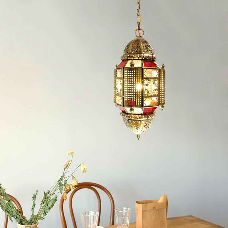 1 Light Hanging Lamp Arabian Lantern Metal Suspension Lighting with Cutout Design in Brass Clearhalo 'Ceiling Lights' 'Pendant Lights' 'Pendants' Lighting' 921104
