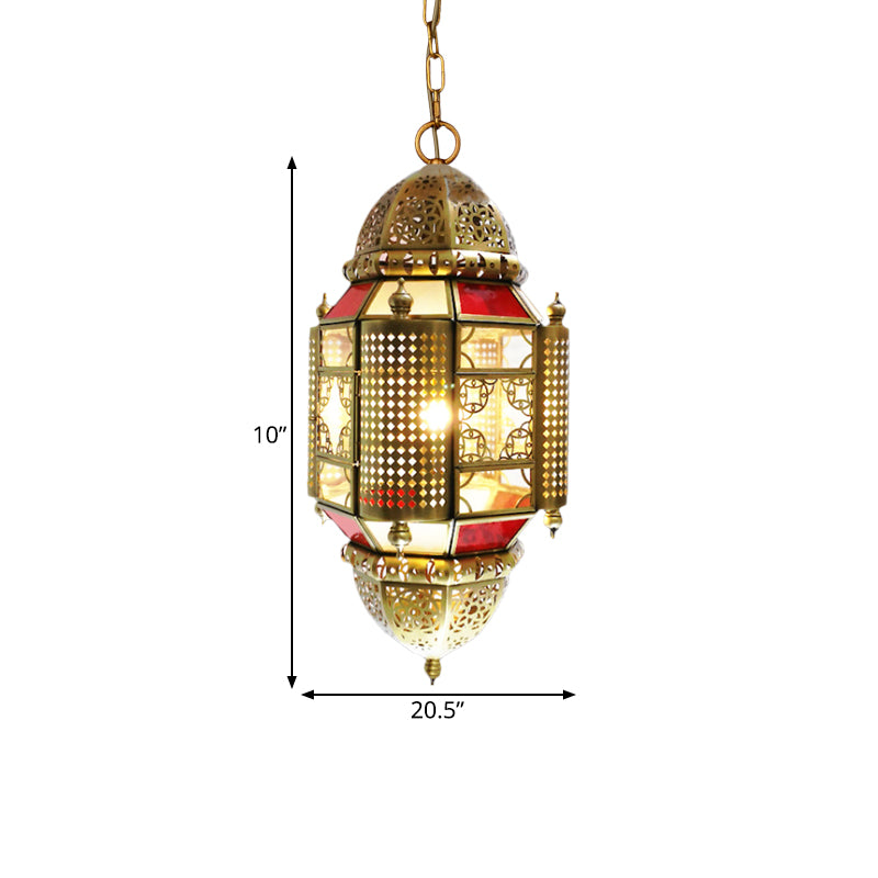 1 Light Hanging Lamp Arabian Lantern Metal Suspension Lighting with Cutout Design in Brass Clearhalo 'Ceiling Lights' 'Pendant Lights' 'Pendants' Lighting' 921107