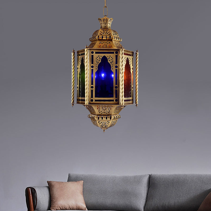 Vintage Lantern Ceiling Light 1 Bulb Metal Pendant Lamp in Brass with Colorful Glass Shade Clearhalo 'Ceiling Lights' 'Pendant Lights' 'Pendants' Lighting' 921133