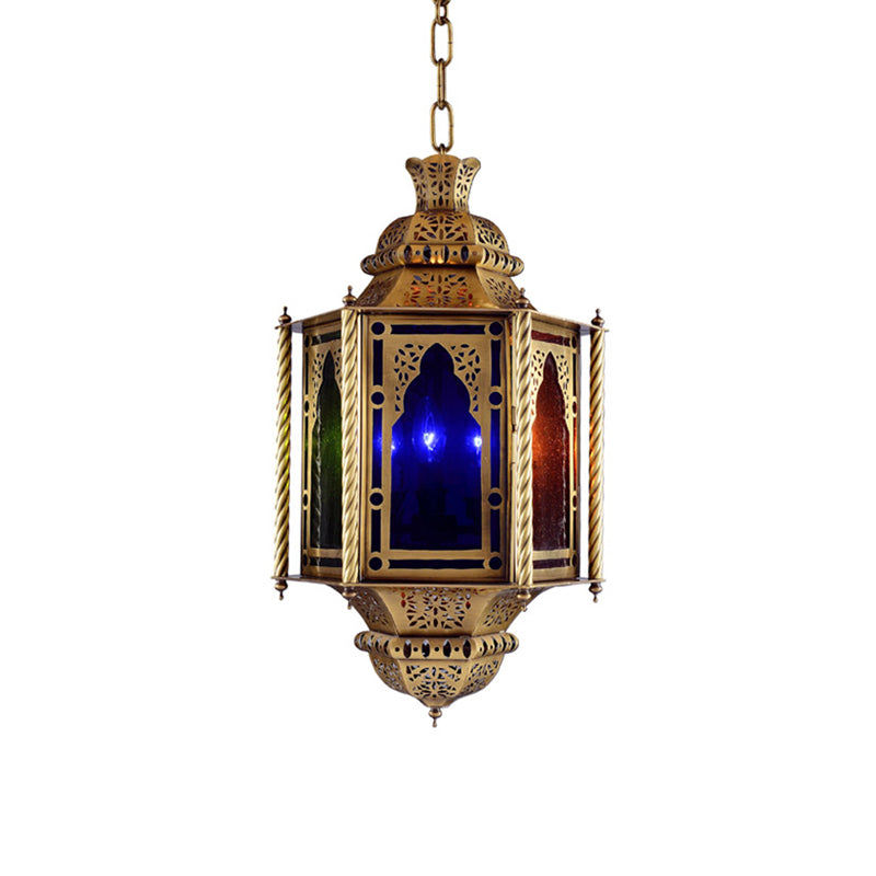 Vintage Lantern Ceiling Light 1 Bulb Metal Pendant Lamp in Brass with Colorful Glass Shade Clearhalo 'Ceiling Lights' 'Pendant Lights' 'Pendants' Lighting' 921136