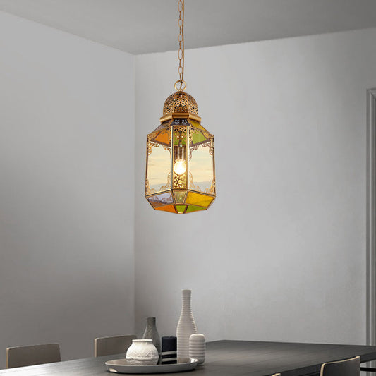 Single Bulb Ceiling Lamp Retro Living Room Pendant with Lantern Clear Glass Shade in Brass Clearhalo 'Ceiling Lights' 'Pendant Lights' 'Pendants' Lighting' 921145