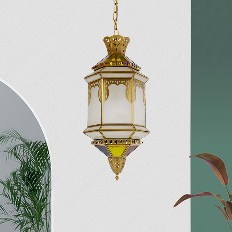 Lantern Frosted Glass Drop Lamp Antique 1 Head Restaurant Hanging Ceiling Light in Brass Brass Clearhalo 'Ceiling Lights' 'Pendant Lights' 'Pendants' Lighting' 921153_f3735841-5ea7-4548-8f21-40e35be27da4