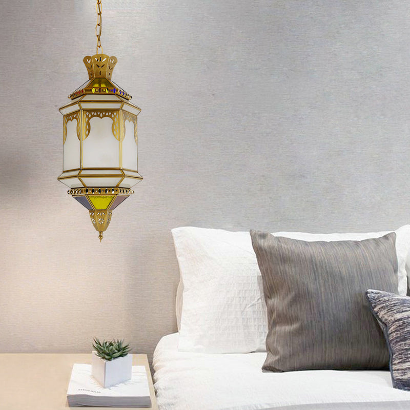 Lantern Frosted Glass Drop Lamp Antique 1 Head Restaurant Hanging Ceiling Light in Brass Clearhalo 'Ceiling Lights' 'Pendant Lights' 'Pendants' Lighting' 921155