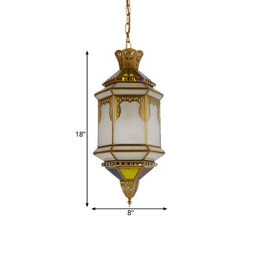 Lantern Frosted Glass Drop Lamp Antique 1 Head Restaurant Hanging Ceiling Light in Brass Clearhalo 'Ceiling Lights' 'Pendant Lights' 'Pendants' Lighting' 921157