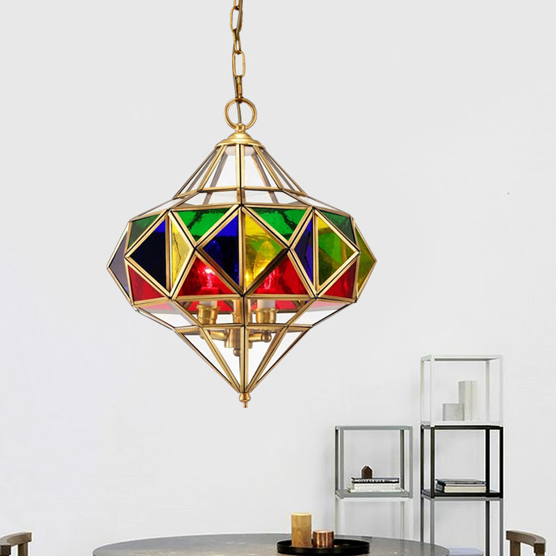 Antique Prism Pendant Chandelier 3-Head Colorful Glass Hanging Ceiling Light in Brass Clearhalo 'Ceiling Lights' 'Chandeliers' Lighting' options 921193