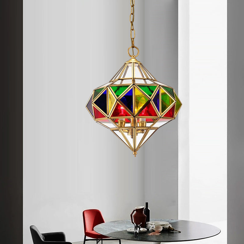 Antique Prism Pendant Chandelier 3-Head Colorful Glass Hanging Ceiling Light in Brass Clearhalo 'Ceiling Lights' 'Chandeliers' Lighting' options 921194