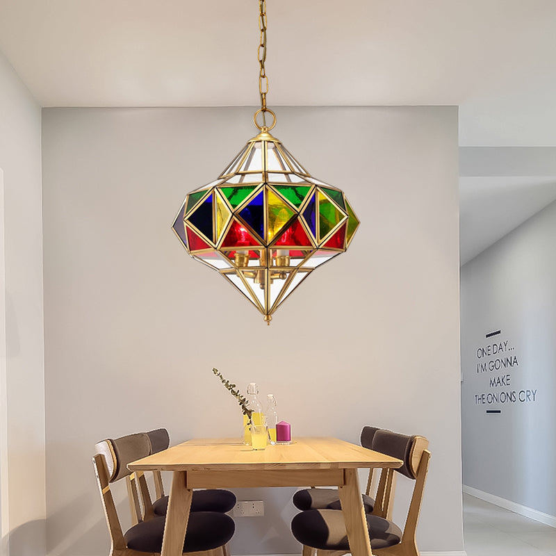 Antique Prism Pendant Chandelier 3-Head Colorful Glass Hanging Ceiling Light in Brass Clearhalo 'Ceiling Lights' 'Chandeliers' Lighting' options 921195