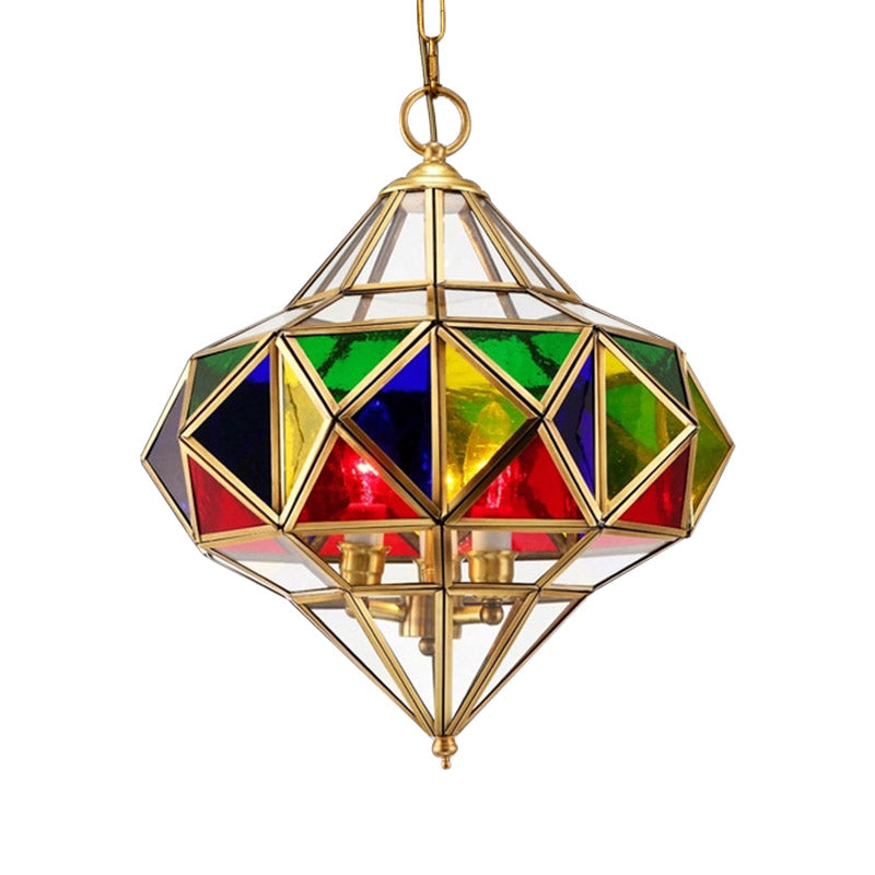 Antique Prism Pendant Chandelier 3-Head Colorful Glass Hanging Ceiling Light in Brass Clearhalo 'Ceiling Lights' 'Chandeliers' Lighting' options 921196