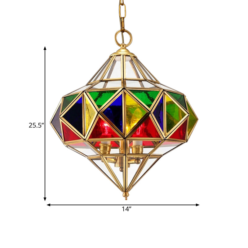 Antique Prism Pendant Chandelier 3-Head Colorful Glass Hanging Ceiling Light in Brass Clearhalo 'Ceiling Lights' 'Chandeliers' Lighting' options 921197