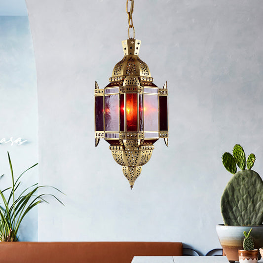 3 Heads Red Glass Suspension Light Arabian Brass Lantern Pendant Chandelier with Cutout Decor Clearhalo 'Ceiling Lights' 'Chandeliers' Lighting' options 921203