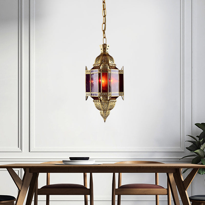 3 Heads Red Glass Suspension Light Arabian Brass Lantern Pendant Chandelier with Cutout Decor Clearhalo 'Ceiling Lights' 'Chandeliers' Lighting' options 921205