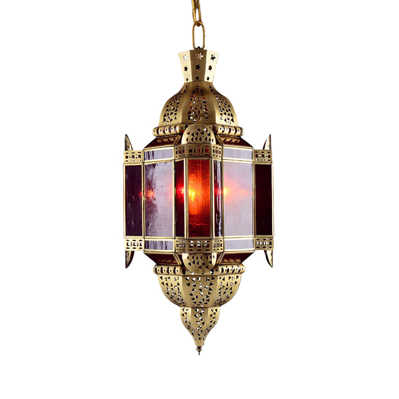 3 Heads Red Glass Suspension Light Arabian Brass Lantern Pendant Chandelier with Cutout Decor Clearhalo 'Ceiling Lights' 'Chandeliers' Lighting' options 921206