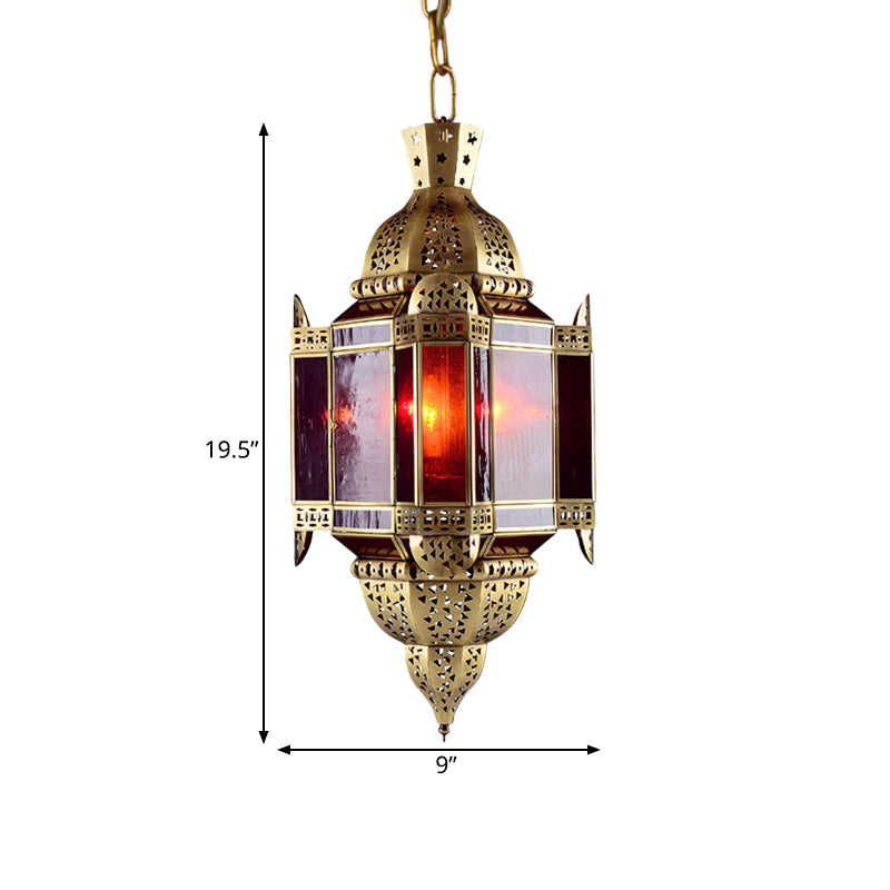 3 Heads Red Glass Suspension Light Arabian Brass Lantern Pendant Chandelier with Cutout Decor Clearhalo 'Ceiling Lights' 'Chandeliers' Lighting' options 921207