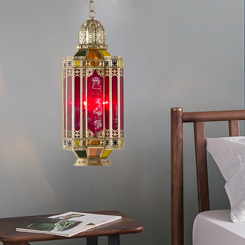 Arab Lantern Hanging Chandelier 3 Heads Red Glass Pendant Ceiling Light in Brass for Corridor Brass Clearhalo 'Ceiling Lights' 'Chandeliers' Lighting' options 921233_9ad3f879-90d0-42dd-aa21-a9cd9765e63c