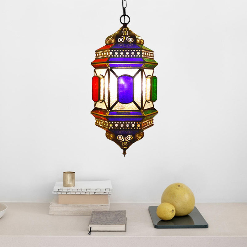 Retro Lantern Chandelier Light 3-Bulb Stained Glass Suspension Lamp in Brass for Restaurant Clearhalo 'Ceiling Lights' 'Chandeliers' Lighting' options 921303