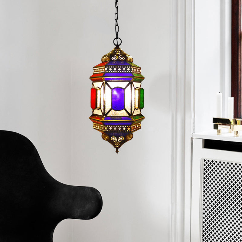 Retro Lantern Chandelier Light 3-Bulb Stained Glass Suspension Lamp in Brass for Restaurant Clearhalo 'Ceiling Lights' 'Chandeliers' Lighting' options 921304