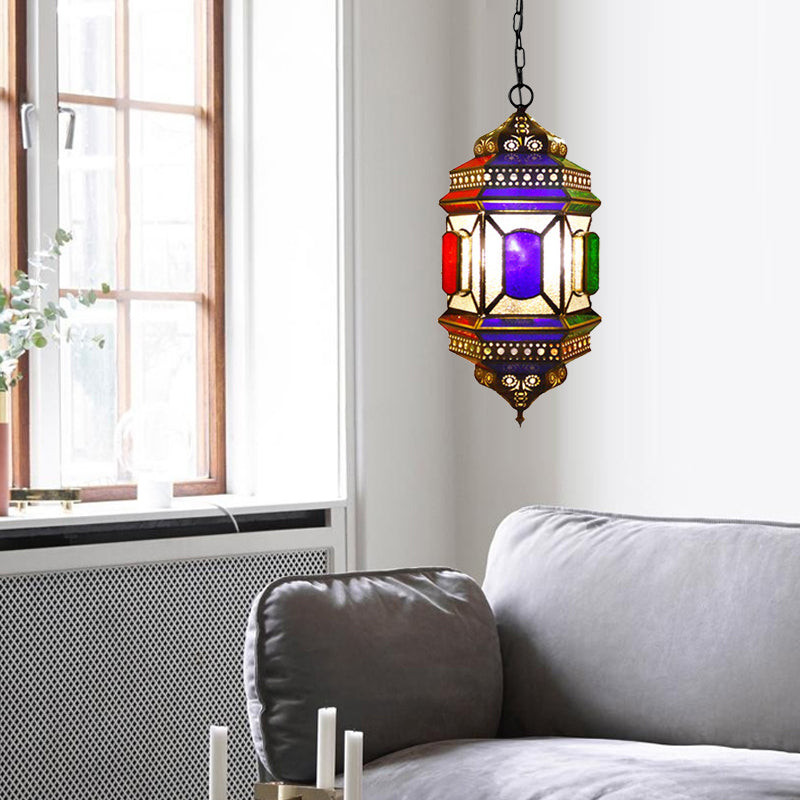 Retro Lantern Chandelier Light 3-Bulb Stained Glass Suspension Lamp in Brass for Restaurant Clearhalo 'Ceiling Lights' 'Chandeliers' Lighting' options 921305