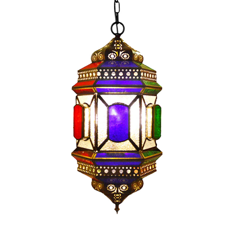 Retro Lantern Chandelier Light 3-Bulb Stained Glass Suspension Lamp in Brass for Restaurant Clearhalo 'Ceiling Lights' 'Chandeliers' Lighting' options 921306