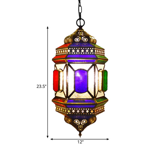 Retro Lantern Chandelier Light 3-Bulb Stained Glass Suspension Lamp in Brass for Restaurant Clearhalo 'Ceiling Lights' 'Chandeliers' Lighting' options 921307