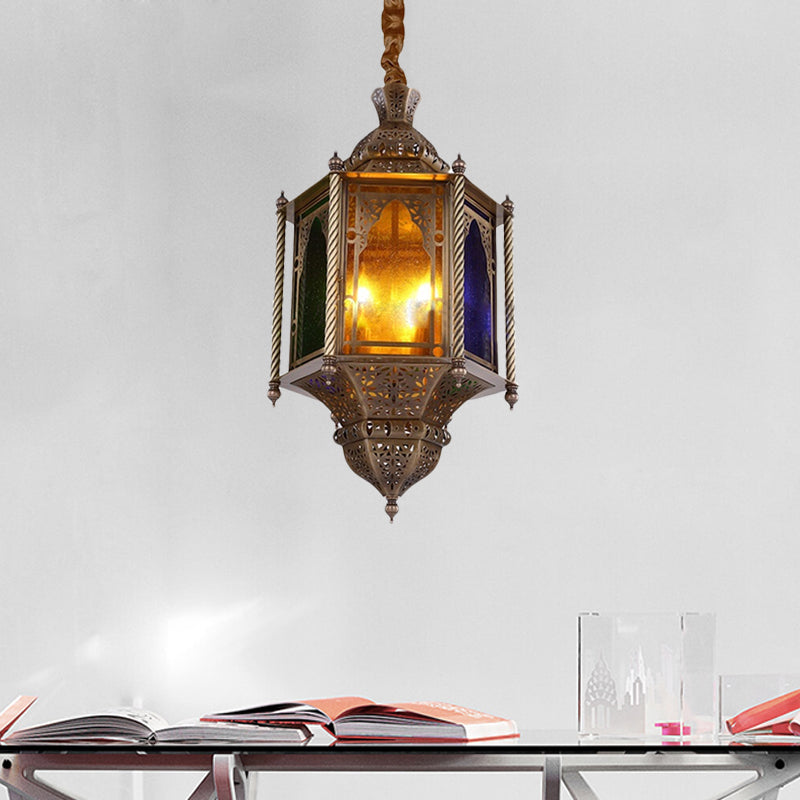 Stained Glass Brass Chandelier Lamp Lantern 3-Head Ceiling Pendant Light for Restaurant Clearhalo 'Ceiling Lights' 'Chandeliers' Lighting' options 921313