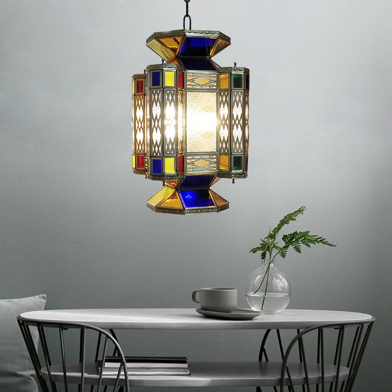 Textured Glass Lantern Ceiling Light Decorative 3 Bulbs Restaurant Chandelier Lighting in Brass Clearhalo 'Ceiling Lights' 'Chandeliers' Lighting' options 921333