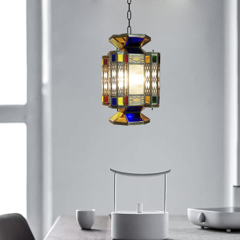 Textured Glass Lantern Ceiling Light Decorative 3 Bulbs Restaurant Chandelier Lighting in Brass Clearhalo 'Ceiling Lights' 'Chandeliers' Lighting' options 921334