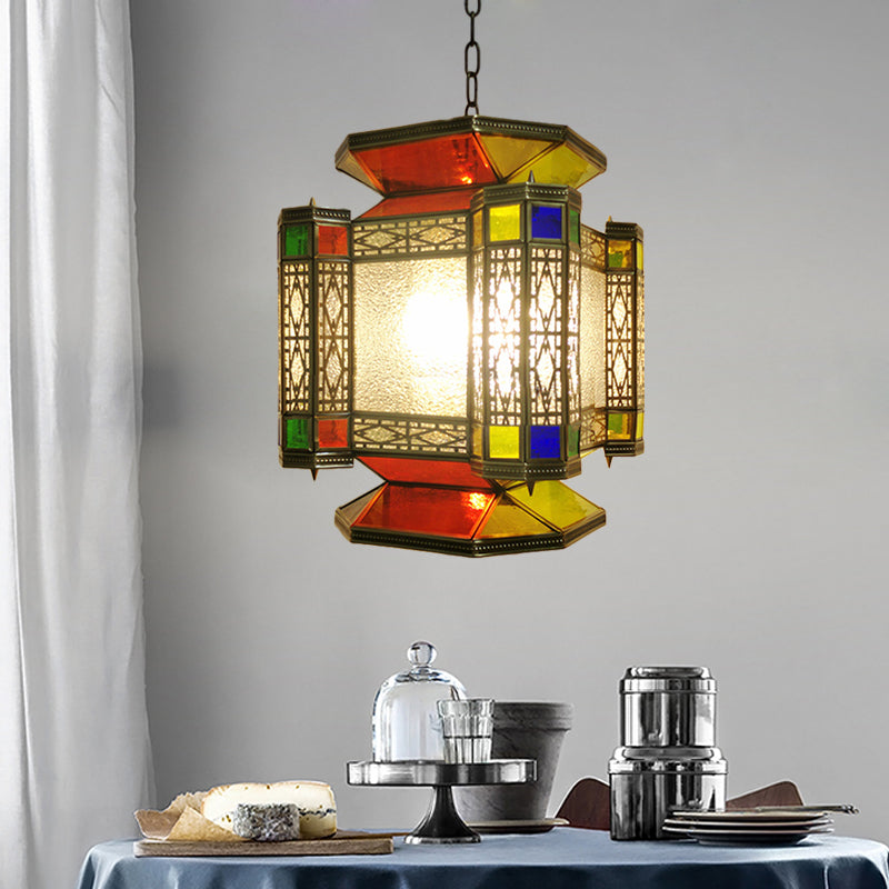 Vintage Lantern Chandelier Lighting 3 Lights Textured Glass Pendant Light Fixture in Brass Clearhalo 'Ceiling Lights' 'Chandeliers' Lighting' options 921343