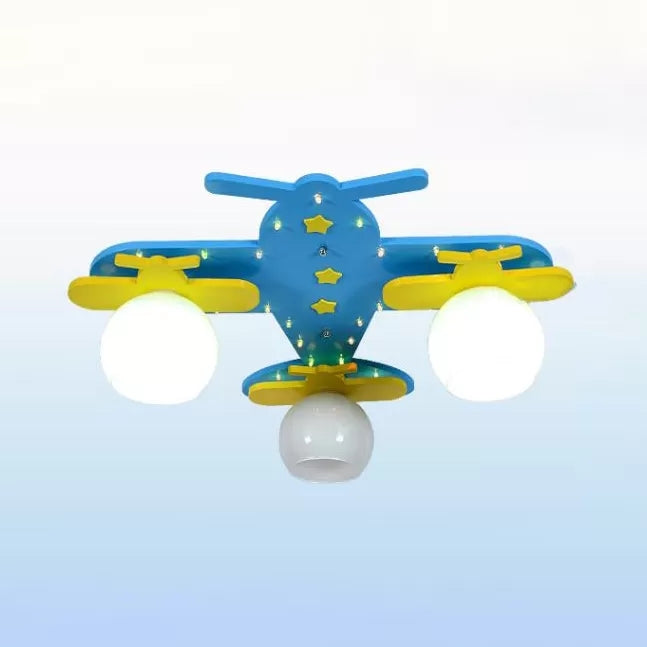 3 Bulbs Propeller Plane Ceiling Fixture Cartoon Wood Flush Mount Light in Blue for Kindergarten Blue Clearhalo 'Ceiling Lights' 'Close To Ceiling Lights' 'Close to ceiling' 'Flush mount' Lighting' 92136