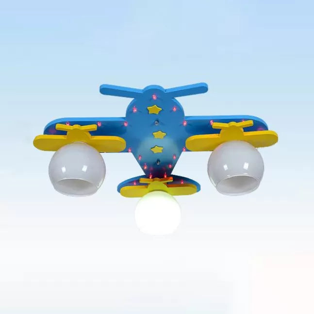 3 Bulbs Propeller Plane Ceiling Fixture Cartoon Wood Flush Mount Light in Blue for Kindergarten Clearhalo 'Ceiling Lights' 'Close To Ceiling Lights' 'Close to ceiling' 'Flush mount' Lighting' 92137