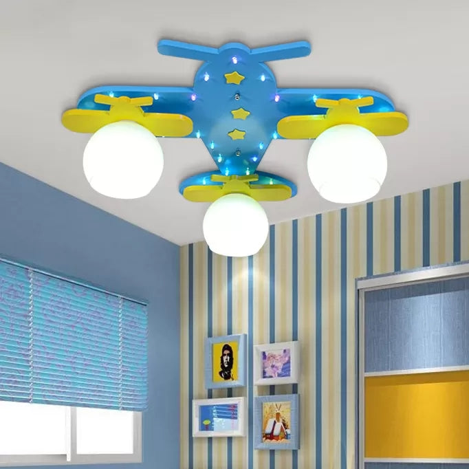 3 Bulbs Propeller Plane Ceiling Fixture Cartoon Wood Flush Mount Light in Blue for Kindergarten Clearhalo 'Ceiling Lights' 'Close To Ceiling Lights' 'Close to ceiling' 'Flush mount' Lighting' 92138