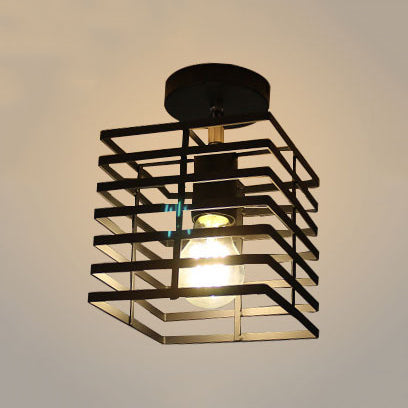 1 Bulb Squared Ceiling Light Fixture with Cage Shade Retro Loft Black Metallic Semi Flush Pendant Light Black Clearhalo 'Ceiling Lights' 'Close To Ceiling Lights' 'Close to ceiling' 'Semi-flushmount' Lighting' 92142