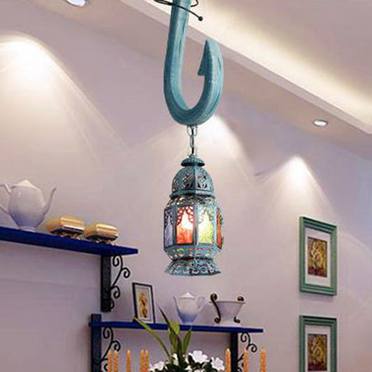 Art Deco Lantern Pendant Lighting 1 Head Stained Glass Suspension Light in Blue with Wooden Hook Rod Clearhalo 'Ceiling Lights' 'Pendant Lights' 'Pendants' Lighting' 921430
